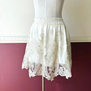 Verty Ivory Lace Overlay Mini Skirt Embroidered Mesh Smocked Waist Cream Size M